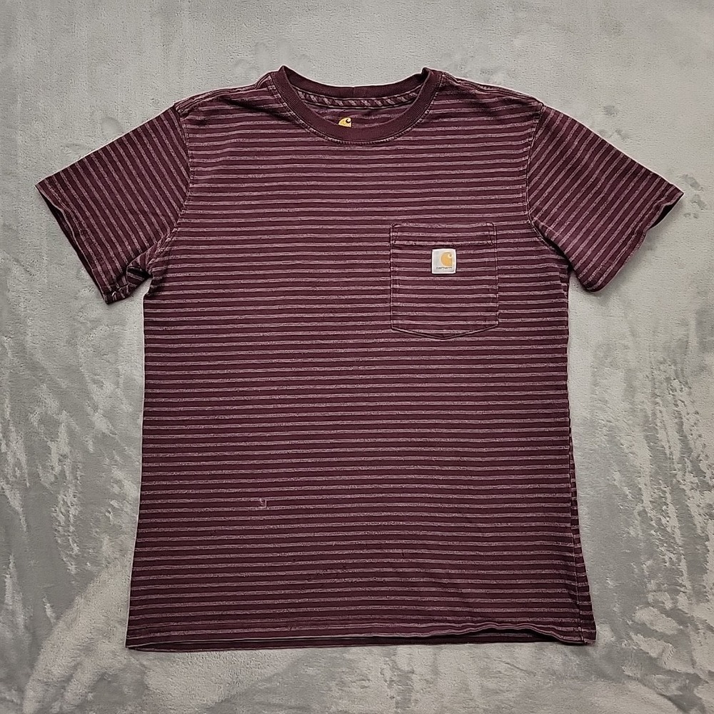 Carhartt Shirt Womens S Maroon Original Fit Striped Pocket Short Sleeve Workwear